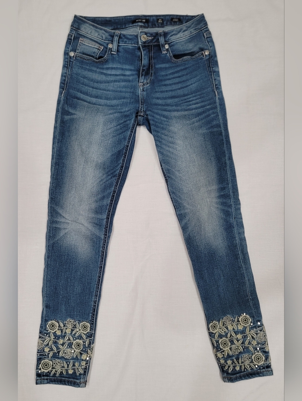 Miss Me Blue Skinny Jeans with Embroidered Ankles